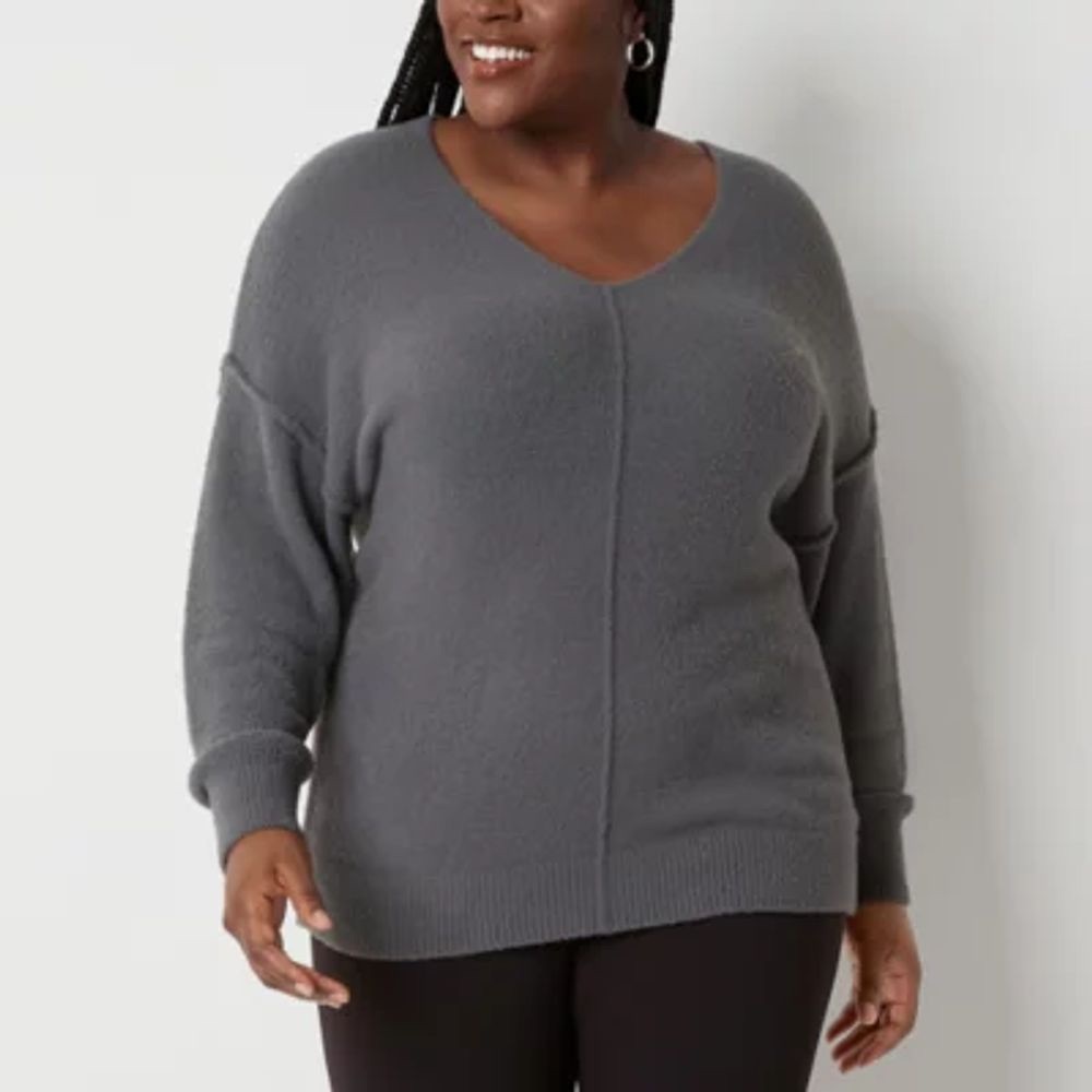 Soft Grey V Neck Cozy Slimming Look Long Sleeve Pullover Sweater Plus Size XXL - Picture 3 of 11